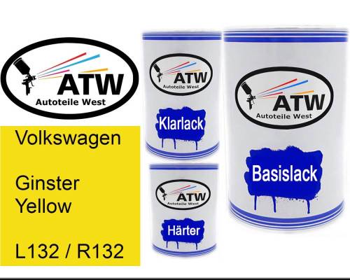 Volkswagen, Ginster Yellow, L132 / R132: 500ml Lackdose + 500ml Klarlack + 250ml Härter - Set, von ATW Autoteile West.